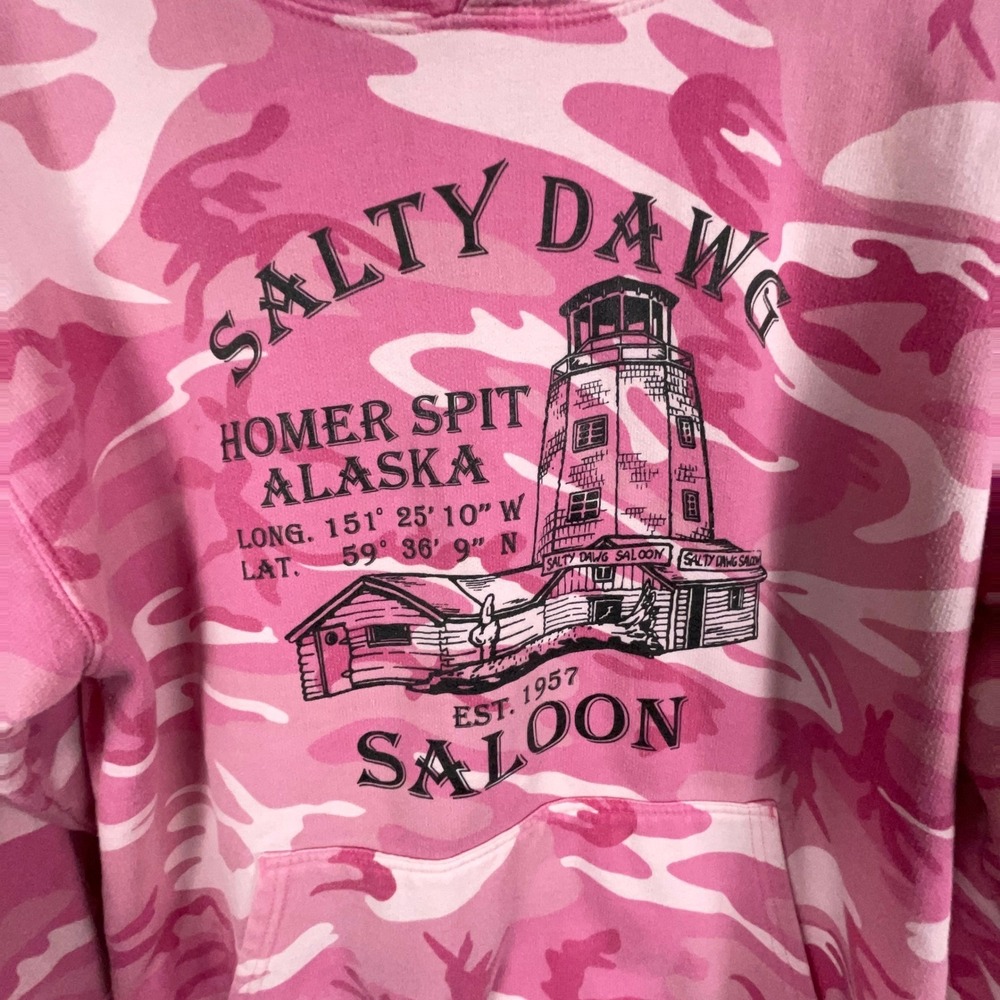 Salty Dawg Saloon Homer Spit Alaska Hoodie Women L Pink Camo Sweater Brewery AK - Picture 3 of 12